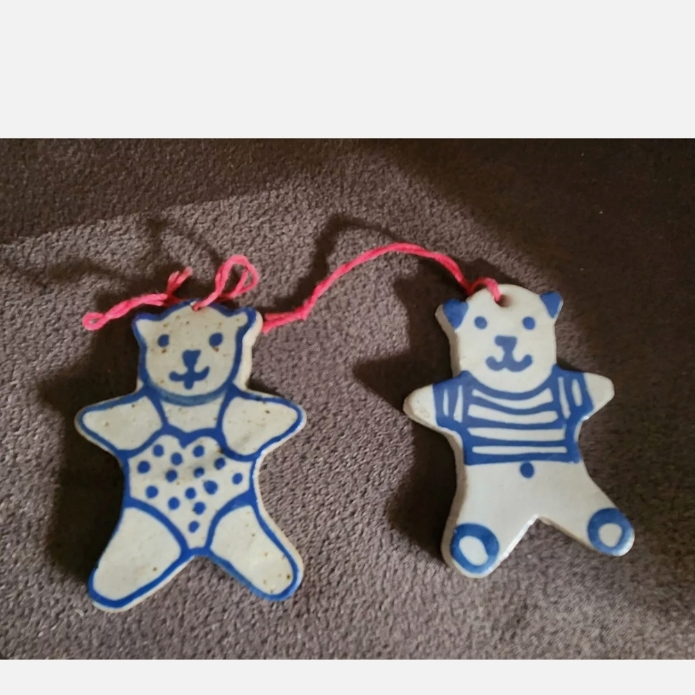 2 Vintage Handmade Ceramic Teddy Bear Christmas Ornaments Stoneware Blue White